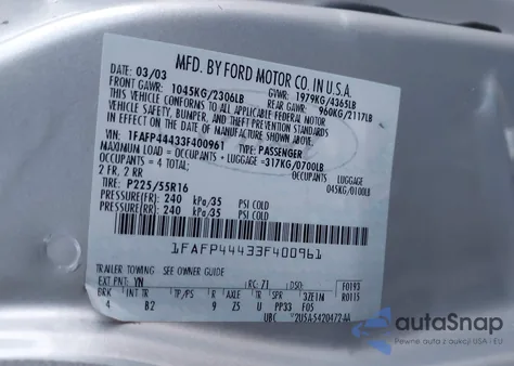 2003 Ford Mustang из США, поврежденный, VIN 1FAFP44433F400961